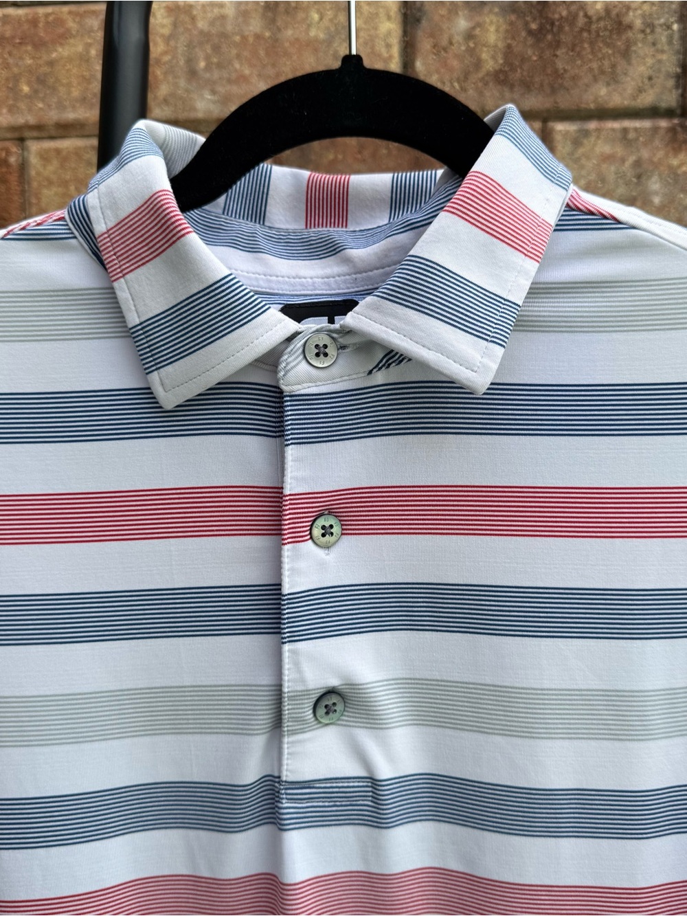FootJoy Men's Performance Polo Shirt in White with Red and Blue Stripes